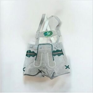 80s Leather Lederhosen Brown/Grey with Green and Red Leather Piping Details